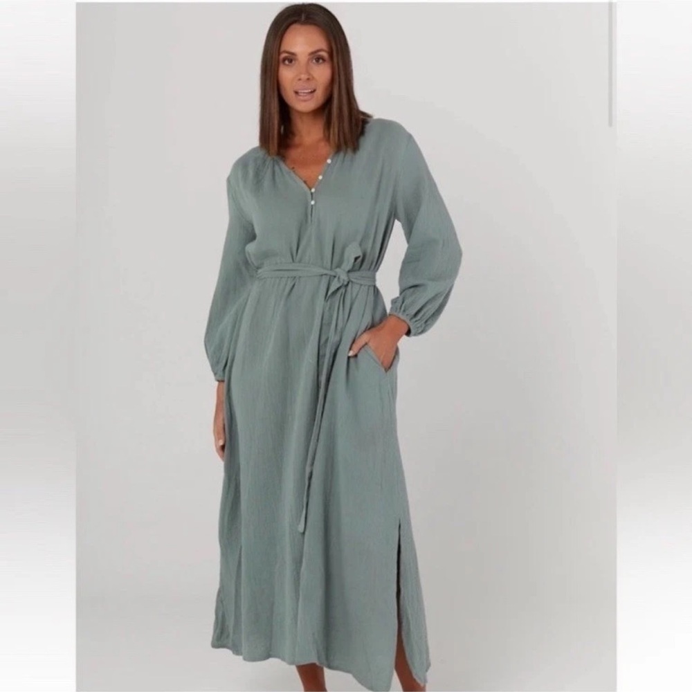 LÉGOE HERITAGE Mayfield Maternity Dress Sage Green Cotton Pockets  Slits SZ *0 - Picture 2 of 10